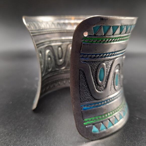 Vintage Turquoise Enamel Curved Cuff Bracelet, 2 1/2 In Wide, Silver Tone - Picture 3 of 10